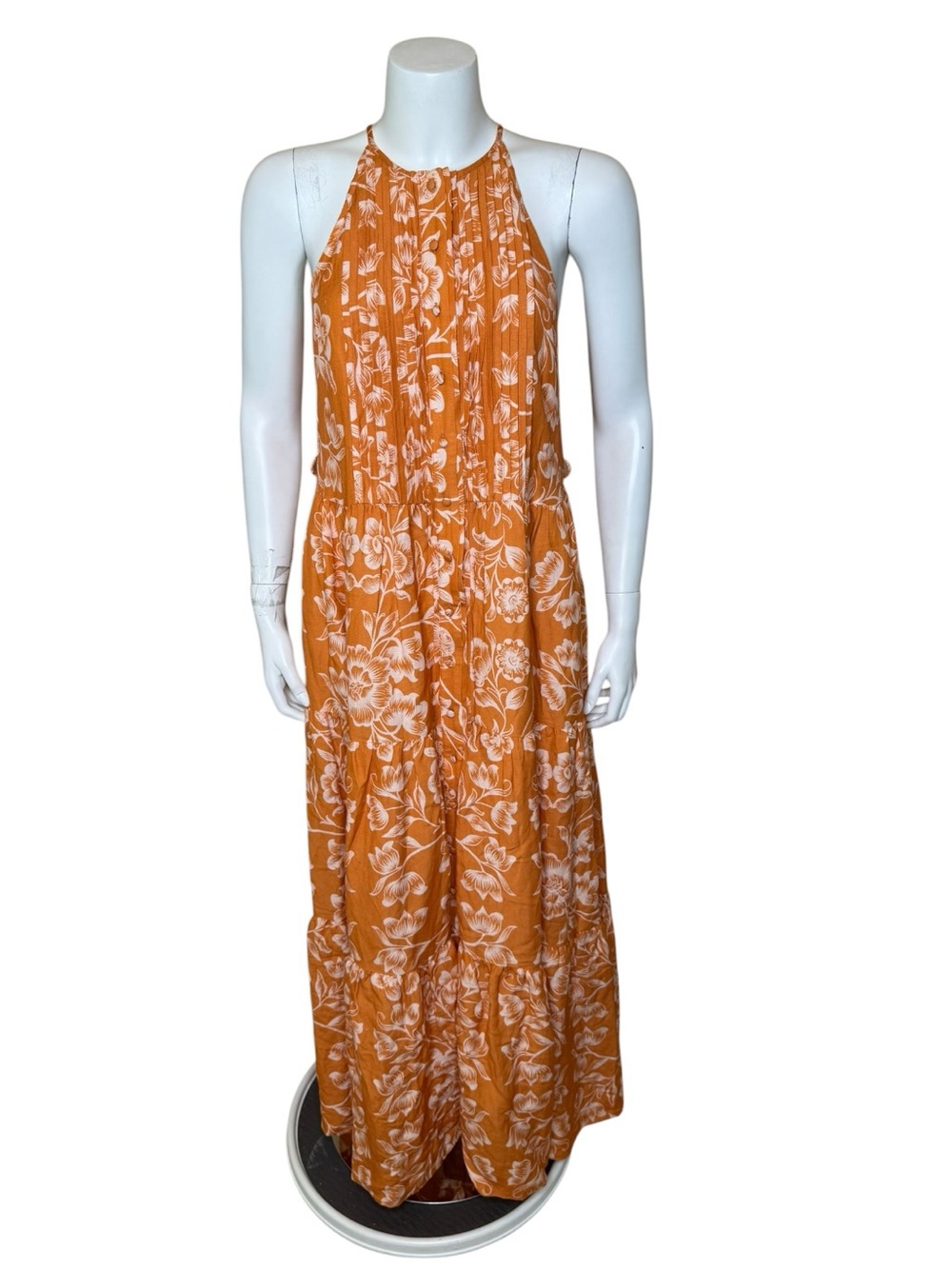 Hermoza Hilde Halter Dress M Tiered Midi Button-Front Sleeveless Orange Floral